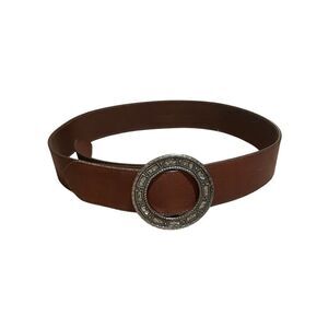 Vintage 90s Brown Leather Wide Belt with Silver Circle Buckle in Mother of Pearl